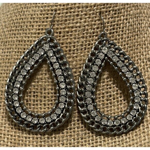 Teardrop Metal Rhinestone Hook Pierced Earrings Statement Brutalist Chain - Picture 1 of 5